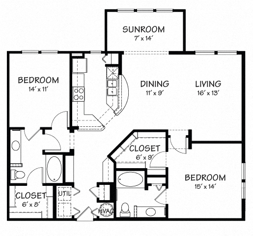 Floor plan for 2 beds, 2 baths, 1304 sqft